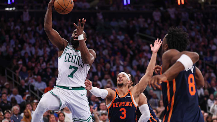 May 12, 2025; New York, New York, USA; Boston Celtics guard Jaylen Brown (7) goes to the basket in front of New York Knicks guard Josh Hart (3) in the second half during game four of the second round for the 2025 NBA Playoffs at Madison Square Garden. Mandatory Credit: Vincent Carchietta-Imagn Images