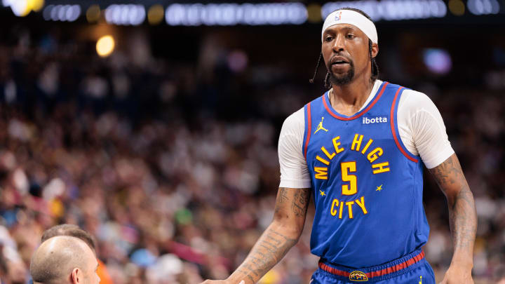 Apr 20, 2024; Denver, Colorado, USA; Denver Nuggets guard Kentavious Caldwell-Pope (5) walks off the court during the first quarter against the Los Angeles Lakers in Game 1 of the first round for the 2024 NBA playoffs at Ball Arena.