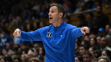 Nov 14, 2025; Durham, North Carolina, USA;  Duke Blue Devils head coach Jon Scheyer directs his team during the first half against the Indiana State Sycamores at Cameron Indoor Stadium. Mandatory Credit: Rob Kinnan-Imagn Images