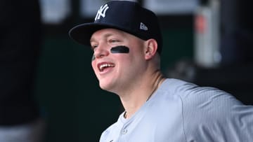 Jun 11, 2024; Kansas City, Missouri, USA; New York Yankees left fielder Alex Verdugo (24) looks on before a game against the Kansas City Royals at Kauffman Stadium. Mandatory Credit: Peter Aiken-USA TODAY Sports
