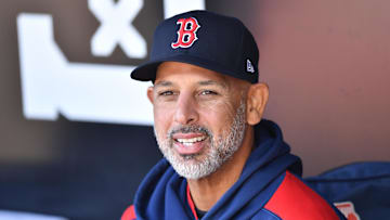 Apr 12, 2025; Chicago, Illinois, USA; Boston Red Sox manager Alex Cora is seen prior to a game against the Chicago White Sox at Rate Field. Mandatory Credit: Patrick Gorski-Imagn Images