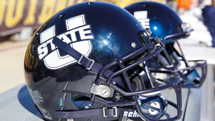 Oct 20, 2018; Laramie, WY, USA; A general view of Utah State Aggies helmets against the Wyoming Cowboys at Jonah Field War Memorial Stadium. 