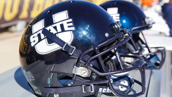 Oct 20, 2018; Laramie, WY, USA; A general view of  Utah State Aggies helmets against the Wyoming Cowboys at Jonah Field War Memorial Stadium. Mandatory Credit: Troy Babbitt-USA TODAY Sports