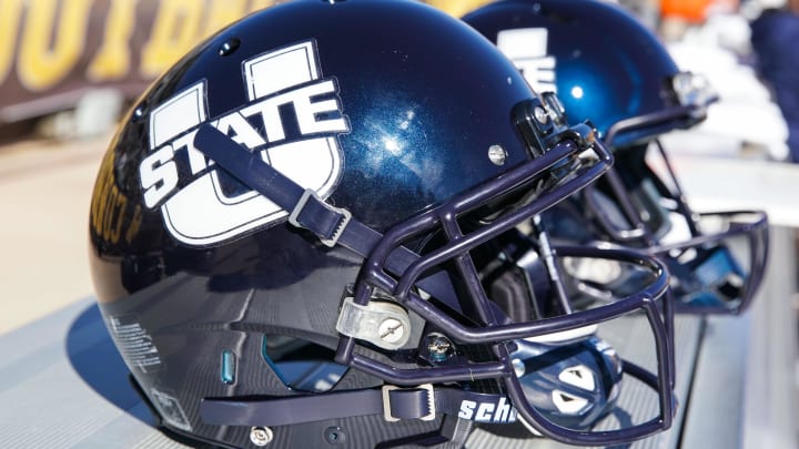 Oct 20, 2018; Laramie, WY, USA; A general view of  Utah State Aggies helmets against the Wyoming Cowboys at Jonah Field War Memorial Stadium. Mandatory Credit: Troy Babbitt-USA TODAY Sports