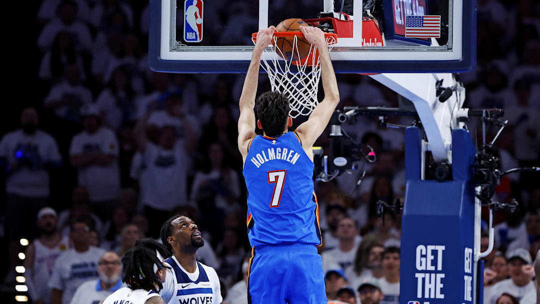 May 28, 2025; Oklahoma City, Oklahoma, USA; Oklahoma City Thunder forward Chet Holmgren (7) dunks the ball against the Minnesota Timberwolves during the second quarter in Game 5 of the Western Conference Finals at Paycom Center. Mandatory Credit: Alonzo Adams-Imagn Images
