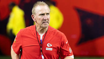 Feb 9, 2025; New Orleans, LA, USA;  Kansas City Chiefs defensive coordinator Steve Spagnuolo against the Philadelphia Eagles in Super Bowl LIX at Ceasars Superdome. Mandatory Credit: Mark J. Rebilas-Imagn Images