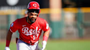 Cincinnati Reds outfielder Rece Hinds (57) makes a run for third base in the sixth inning of a Cactus League game between the Cincinnati Reds and San Francisco Giants, Sunday, Feb. 23, 2025, at Scottsdale Stadium in Scottsdale, Ariz. Giants won 5-2.
