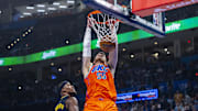 Nov 11, 2025; Oklahoma City, Oklahoma, USA; Oklahoma City Thunder center Isaiah Hartenstein (55) dunks against the Golden State Warriors during the first quarter at Paycom Center. Mandatory Credit: Alonzo Adams-Imagn Images