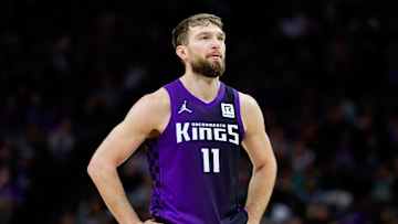 Feb 5, 2025; Sacramento, California, USA; Sacramento Kings forward Domantas Sabonis (11) looks on during the third quarter against the Orlando Magic at Golden 1 Center. Mandatory Credit: Sergio Estrada-Imagn Images