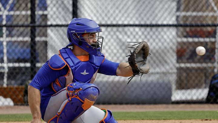 Feb 18, 2026; Port St. Lucie, FL, USA;  New York Mets catcher Ben Rortvedt catches a pitch during spring training workouts at Clover Park. Mandatory Credit: Reinhold Matay-Imagn Images