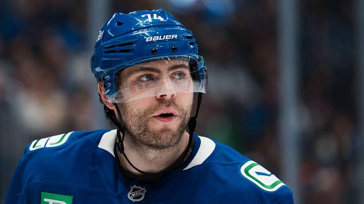 Apr 14, 2026; Vancouver, British Columbia, CAN; Vancouver Canucks forward Jake DeBrusk (74) during a stop in play against the Los Angeles Kings in the third period at Rogers Arena. Mandatory Credit: Bob Frid-Imagn Images