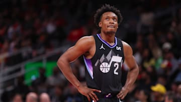 Apr 6, 2025; Atlanta, Georgia, USA; Utah Jazz guard Collin Sexton (2) in action against the Atlanta Hawks in the second quarter at State Farm Arena. Mandatory Credit: Brett Davis-Imagn Images