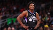 Apr 6, 2025; Atlanta, Georgia, USA; Utah Jazz guard Collin Sexton (2) in action against the Atlanta Hawks in the second quarter at State Farm Arena. Mandatory Credit: Brett Davis-Imagn Images