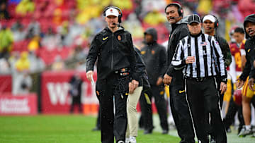 Nov 15, 2025; Los Angeles, California, USA; Southern California Trojans head coach Lincoln Riley watches game action against the Iowa Hawkeyes during the first half at the Los Angeles Memorial Coliseum. Mandatory Credit: Gary A. Vasquez-Imagn Images