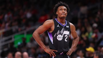 Apr 6, 2025; Atlanta, Georgia, USA; Utah Jazz guard Collin Sexton (2) in action against the Atlanta Hawks in the second quarter at State Farm Arena. Mandatory Credit: Brett Davis-Imagn Images