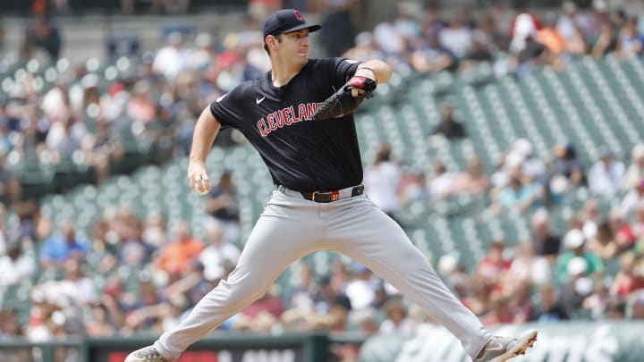 Jul 30, 2024; Detroit, Michigan, USA;  Cleveland Guardians starting pitcher Gavin Williams (32) delivers against the Detroit Tigers in the first inning at Comerica Park. Mandatory Credit: Rick Osentoski-USA TODAY Sports