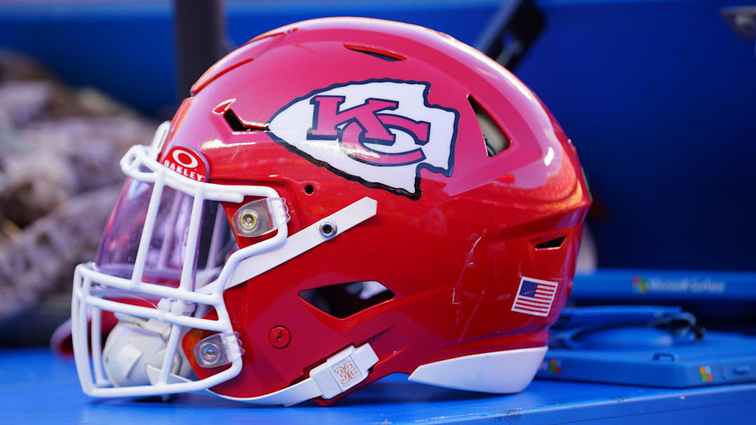 Nov 10, 2024; Kansas City, Missouri, USA; A general view of a Kansas City Chiefs helmet after the win over the Denver Broncos at GEHA Field at Arrowhead Stadium. Mandatory Credit: Denny Medley-Imagn Images