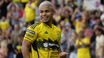 Columbus Crew forward Cucho Hernández (9) celebrates after scoring in the first half against the New York City FC  