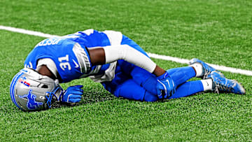 Sep 28, 2025; Detroit, Michigan, USA; Detroit Lions safety Kerby Joseph (31) holds his knee after an injury during the first half against the Cleveland Browns at Ford Field. Mandatory Credit: Lon Horwedel-Imagn Images