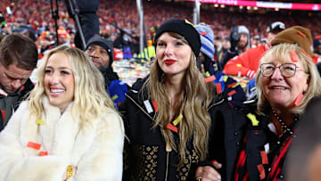 Recording artist Taylor Swift Brittany Mahomes and Donna Kelce react after the AFC Championship game against the Buffalo Bills