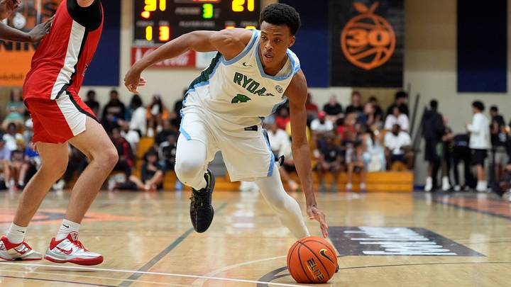 Nightrydas Ryan Hampton (8) moves past defenders during the Drive Nation and Nightrydas semifinal basketball game at the 2026 Nike Peach Jam in North Augusta, S.C., on Saturday, July 18, 2026. Drive Nation won 62-48 and will advance to the championship tomorrow.