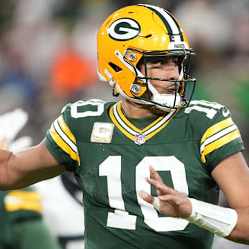 Green Bay Packers quarterback Jordan Love (10) looks downfield against the Philadelphia Eagles on Monday night.