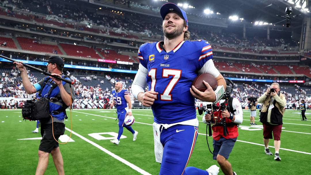 Sep 13, 2026; Houston, Texas, USA;  Buffalo Bills quarterback Josh Allen (17) runs off the field after the game against the Houston Texans at Reliant Stadium.