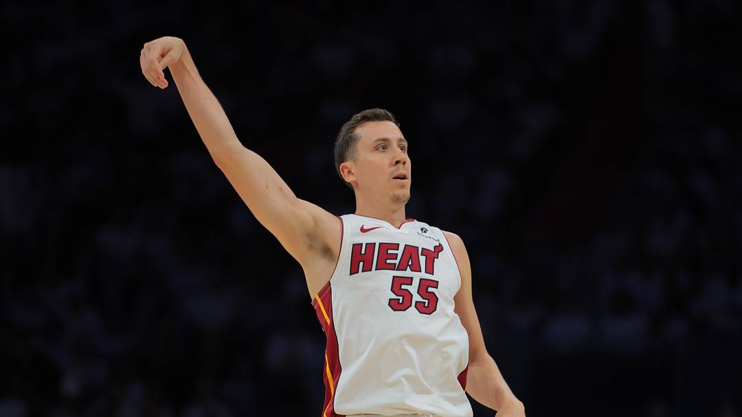 Apr 26, 2025; Miami, Florida, USA; Miami Heat forward Duncan Robinson (55) watches his shot against the Cleveland Cavaliers in the third quarter during game three for the first round of the 2025 NBA Playoffs at Kaseya Center. Mandatory Credit: Sam Navarro-Imagn Images Apr 26, 2025; Miami, Florida, USA; Miami Heat forward Duncan Robinson (55) watches his shot against the Cleveland Cavaliers in the third quarter during game three for the first round of the 2025 NBA Playoffs at Kaseya Center. Mandatory Credit: Sam Navarro-Imagn Images