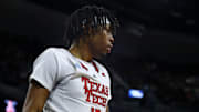 Mar 22, 2025; Wichita, KS, USA; Texas Tech Red Raiders forward JT Toppin (15) reacts after a play against the Drake Bulldogs during the first half at Intrust Bank Arena. Mandatory Credit: Nick Tre. Smith-Imagn Images