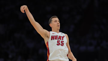 Apr 26, 2025; Miami, Florida, USA; Miami Heat forward Duncan Robinson (55) watches his shot against the Cleveland Cavaliers in the third quarter during game three for the first round of the 2025 NBA Playoffs at Kaseya Center. Mandatory Credit: Sam Navarro-Imagn Images