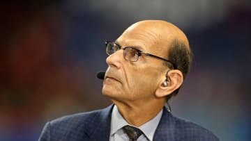 Dec 31, 2022; Atlanta, Georgia, USA; SEC network host Paul Finebaum looks on before the 2022 Peach Bowl between the Georgia Bulldogs and the Ohio State Buckeyesat Mercedes-Benz Stadium. Mandatory Credit: Brett Davis-USA TODAY Sports