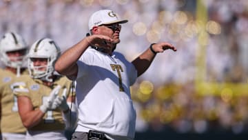 Oct 25, 2025; Atlanta, Georgia, USA; Georgia Tech Yellow Jackets head coach Brent Key on the sideline against the Syracuse Orange in the fourth quarter at Bobby Dodd Stadium at Hyundai Field. Mandatory Credit: Brett Davis-Imagn Images
