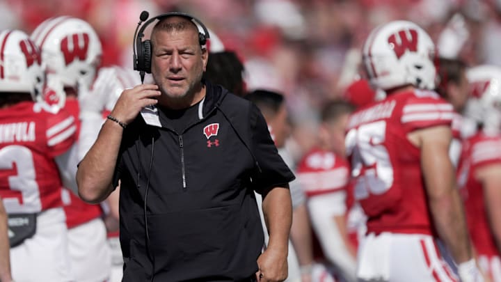 Wisconsin offensive coordinator Phil Longo is shown during the second quarter of their game Saturday, October 5, 2024 at Camp Randall Stadium in Madison, Wisconsin. Wisconsin beat Purdue 52-6.