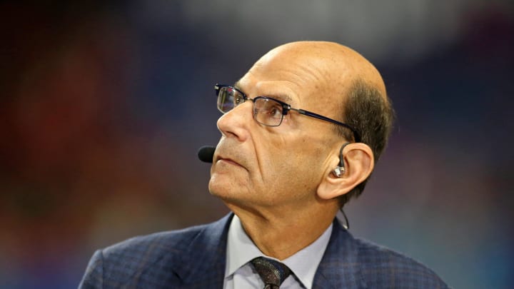 Dec 31, 2022; Atlanta, Georgia, USA; SEC network host Paul Finebaum looks on before the 2022 Peach Bowl between the Georgia Bulldogs and the Ohio State Buckeyesat Mercedes-Benz Stadium. Mandatory Credit: Brett Davis-USA TODAY Sports