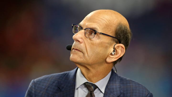 Dec 31, 2022; Atlanta, Georgia, USA; SEC network host Paul Finebaum looks on before the 2022 Peach Bowl between the Georgia Bulldogs and the Ohio State Buckeyesat Mercedes-Benz Stadium. Mandatory Credit: Brett Davis-USA TODAY Sports