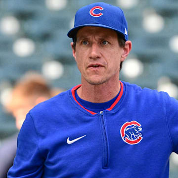 Jul 28, 2025; Milwaukee, Wisconsin, USA;  Chicago Cubs manager Craig Counsell looks on during batting practice before game against the Milwaukee Brewers at American Family Field.