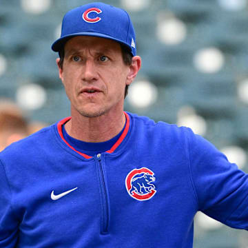 Jul 28, 2025; Milwaukee, Wisconsin, USA;  Chicago Cubs manager Craig Counsell looks on during batting practice before game against the Milwaukee Brewers at American Family Field