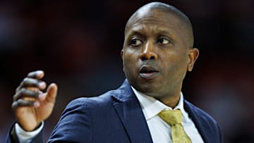 Missouri Tigers head coach Dennis Gates watches his team from the sidelines, in a game versus the Arkansas Razorbacks this season.
