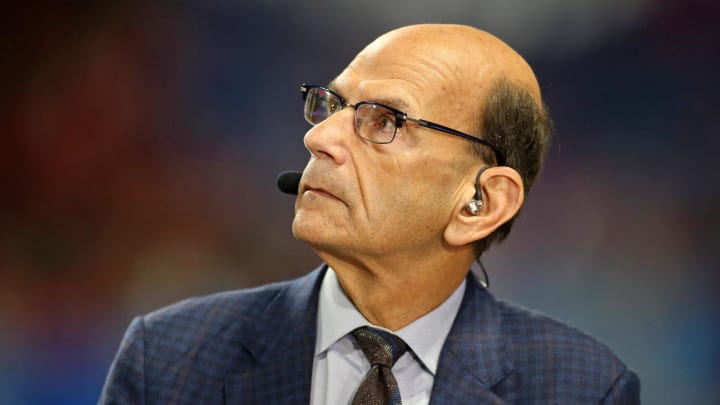 Dec 31, 2022; Atlanta, Georgia, USA; SEC network host Paul Finebaum looks on before the 2022 Peach Bowl between the Georgia Bulldogs and the Ohio State Buckeyesat Mercedes-Benz Stadium. Mandatory Credit: Brett Davis-USA TODAY Sports