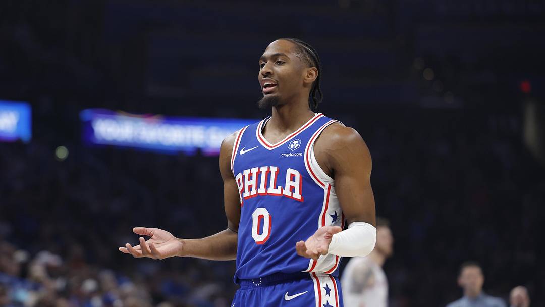 Dec 28, 2025; Oklahoma City, Oklahoma, USA; Philadelphia 76ers guard Tyrese Maxey (0) reacts after a play against the Oklahoma City Thunder during the first quarter at Paycom Center. Mandatory Credit: Alonzo Adams-Imagn Images