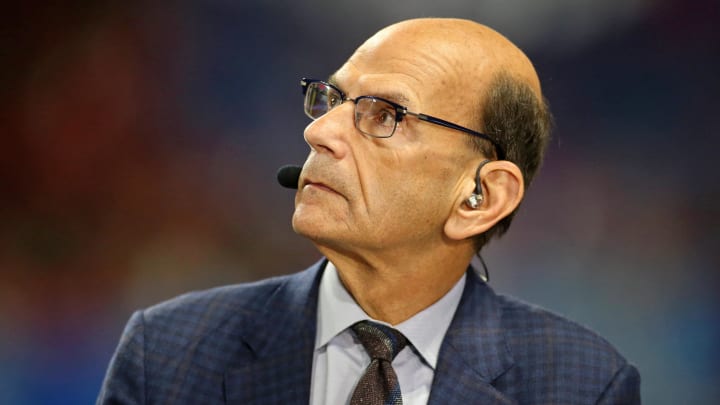 Dec 31, 2022; Atlanta, Georgia, USA; SEC network host Paul Finebaum looks on before the 2022 Peach Bowl between the Georgia Bulldogs and the Ohio State Buckeyesat Mercedes-Benz Stadium. Mandatory Credit: Brett Davis-USA TODAY Sports