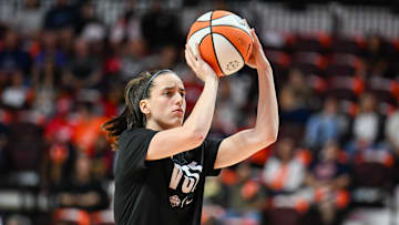 Sep 22, 2024; Uncasville, Connecticut, USA; Indiana Fever guard Caitlin Clark (22) warms up before game one of the first round of the 2024 WNBA Playoffs at Mohegan Sun Arena. Mandatory Credit: Mark Smith-Imagn Images