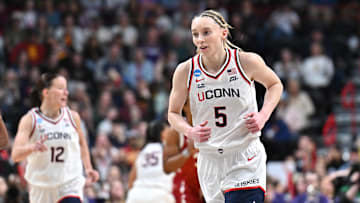 Mar 29, 2025; Spokane, WA, USA; UConn Huskies guard Paige Bueckers (5) runs back on defense against the Oklahoma Sooners during the second half of a Sweet 16 NCAA Tournament basketball game at Spokane Arena. 