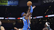 Nov 23, 2025; Oklahoma City, Oklahoma, USA; Oklahoma City Thunder guard Shai Gilgeous-Alexander (2) shoots against the Portland Trail Blazers during the second half at Paycom Center. Mandatory Credit: Alonzo Adams-Imagn Images