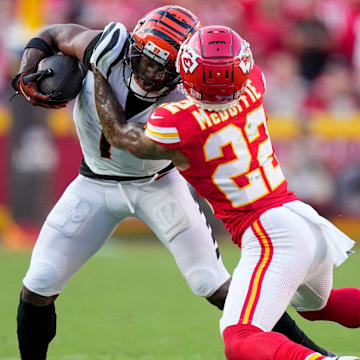 Cincinnati Bengals wide receiver Ja'Marr Chase (1) and Kansas City Chiefs cornerback Trent McDuffie (22) collide in the fourth quarter of the NFL Week 2 game between the Kansas City Chiefs and the Cincinnati Bengals at Arrowhead Stadium in Kansas City on Sunday, Sept. 15, 2024. The Chiefs took a 26-25 win with a go-ahead field goal as time expired.