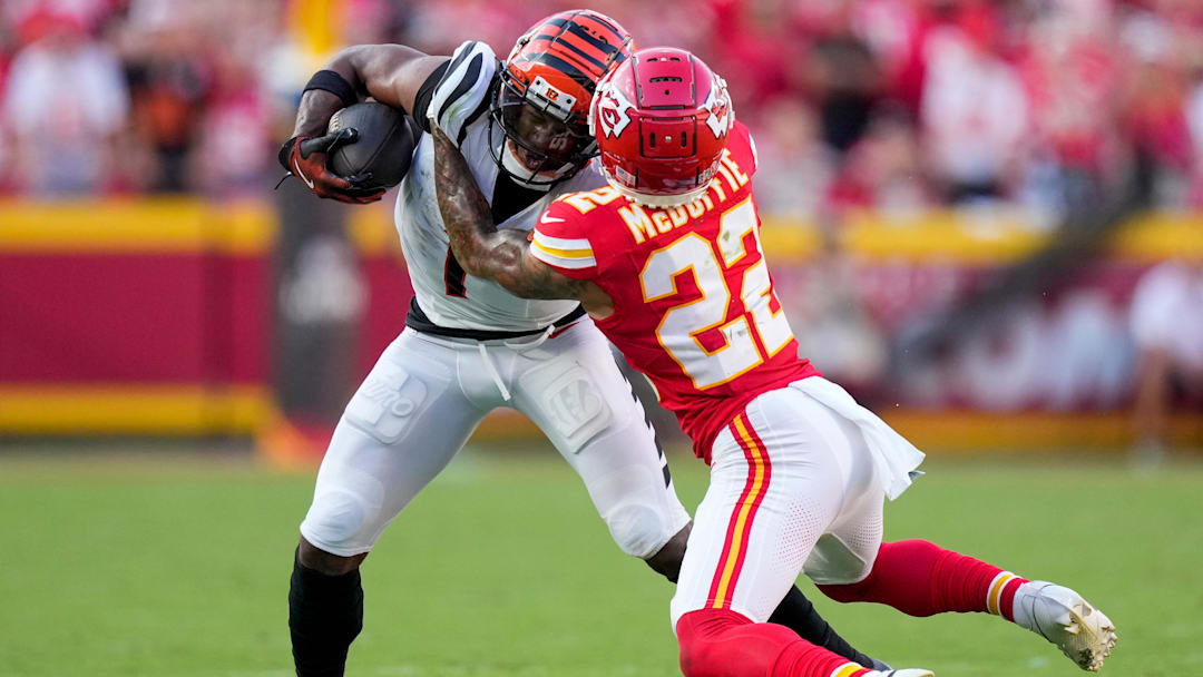Cincinnati Bengals wide receiver Ja'Marr Chase (1) and Kansas City Chiefs cornerback Trent McDuffie (22) collide in the fourth quarter of the NFL Week 2 game between the Kansas City Chiefs and the Cincinnati Bengals at Arrowhead Stadium in Kansas City on Sunday, Sept. 15, 2024. The Chiefs took a 26-25 win with a go-ahead field goal as time expired.
