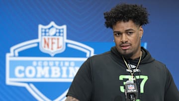 Mar 1, 2025; Indianapolis, IN, USA; Ohio State University offensive lineman Josh Simmons (OL37) answers questions at a press conference during the 2025 NFL Combine at Indiana Convention Center. Mandatory Credit: Jacob Musselman-Imagn Images