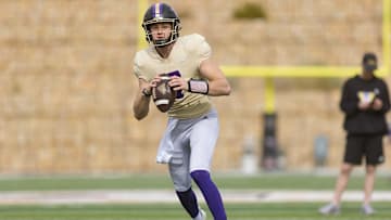 Washington's Will Rogers (7) works on drills during practice at SAC II in El Paso, Texas, on Friday, Dec. 27, 2024, as the team prepares for the Tony the Tiger Sun Bowl.