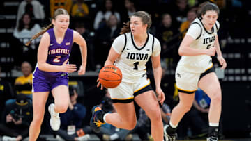 Iowa guard Taylor Stremlow (1) brings the ball down court Nov. 9, 2025 during a women’s basketball game against the Evansville Purple Aces at Carver-Hawkeye Arena in Iowa City, Iowa.