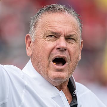 Arkansas Razorbacks coach Sam Pittman before game with the Arkansas State Red Wolves at War Memorial Stadium in Little Rock, Ark.